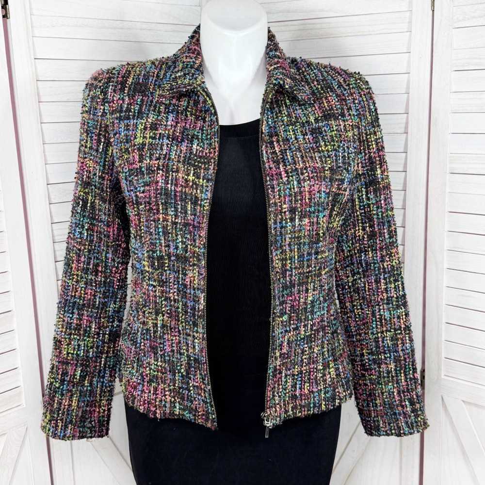 Vntg Coldwater Creek Blazer Jacket Women 14 Multicolor Boucle Tweed Wool Blend